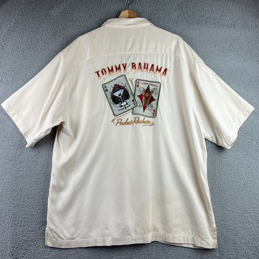 Tommy Bahama Mens XL Silk Camp Shirt Cream Pocket Rockets Martini Cigar Poker